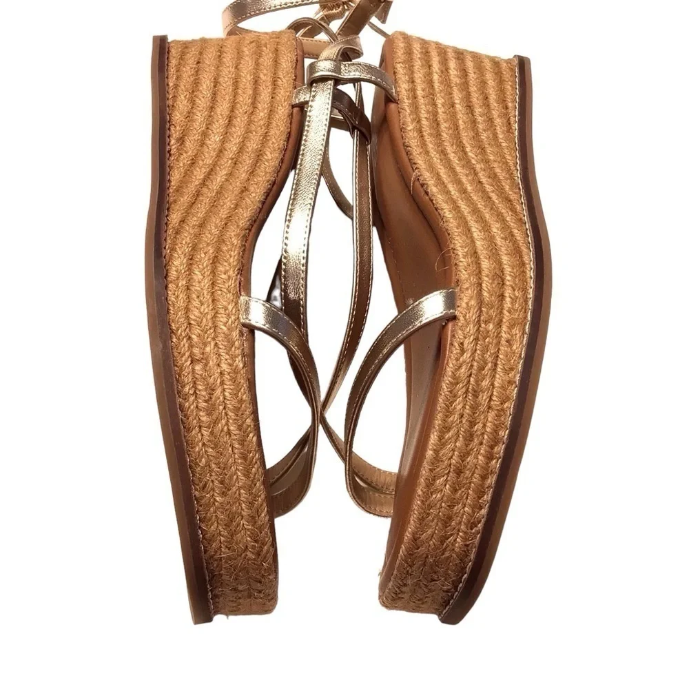 Chicos Shoes Women's Sz 9 Gold Carlina Wedge Espadrille Sandals Leather Boho NEW